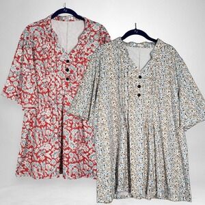 Hocosit Tunic Top Lot of 2 Womens 2XL XXL White Red Floral Pleated Ruffle Sleeve